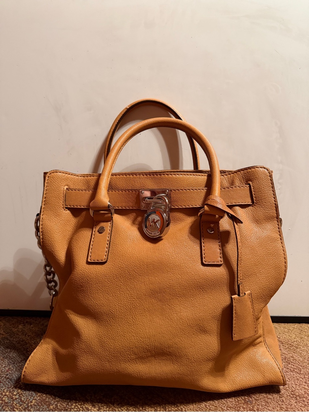 Michael Kors Cognac Leather Satchel with Chain Accent